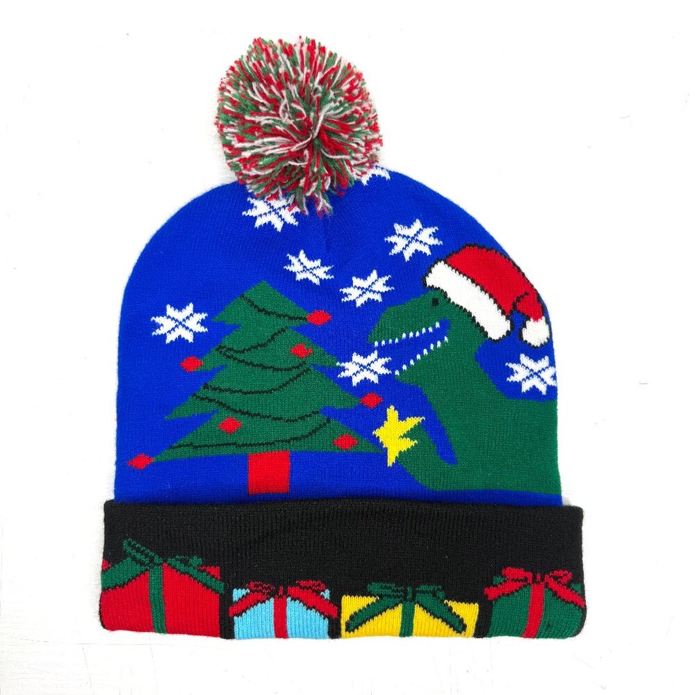 Holiday Christmas Dino Colorful Ribbed Knit PomPom Cuff Fold Stretch Beanie Hat